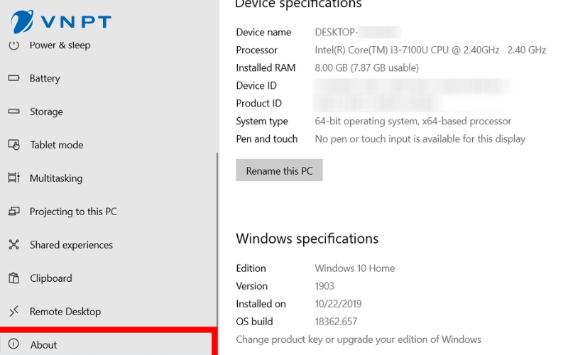 Phần 'About' chứa các chi tiết kỹ thuật về hệ thống của bạn