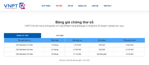 Bảng giá chữ ký số VNPT ngay trên website