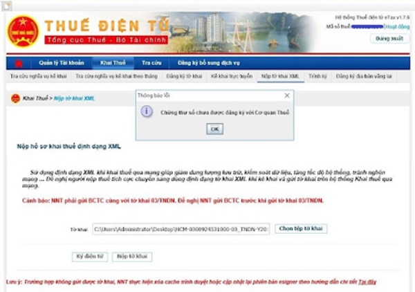 Khắc phục lỗi chữ ký số chưa đăng ký với cơ quan thuế