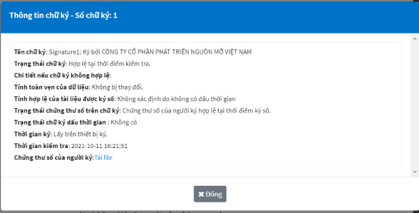 Minh họa kết quả kiểm tra chữ ký số của 1 văn bản điện tử