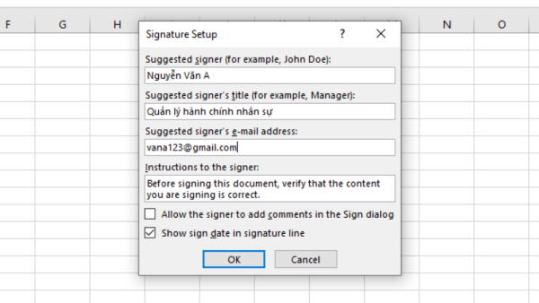 tạo chữ ký điện tử trong Microsoft Excel