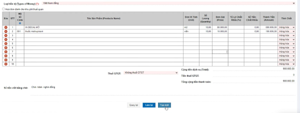 Thao tác lưu hóa đơn