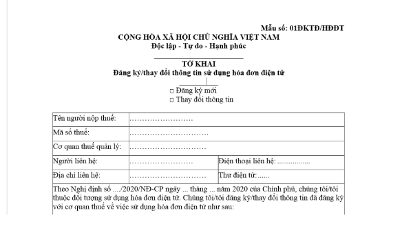 Tờ khai đăng ký thông tin sử dụng hóa đơn điển tử