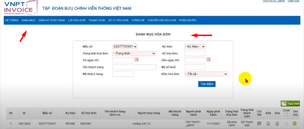 Truy cập vào danh mục hóa đơn điện tử của VNPT
