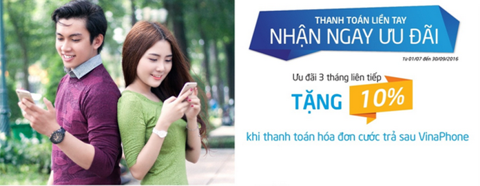 Tặng 10% trong 3 tháng khi thanh toán hóa đơn VinaPhone