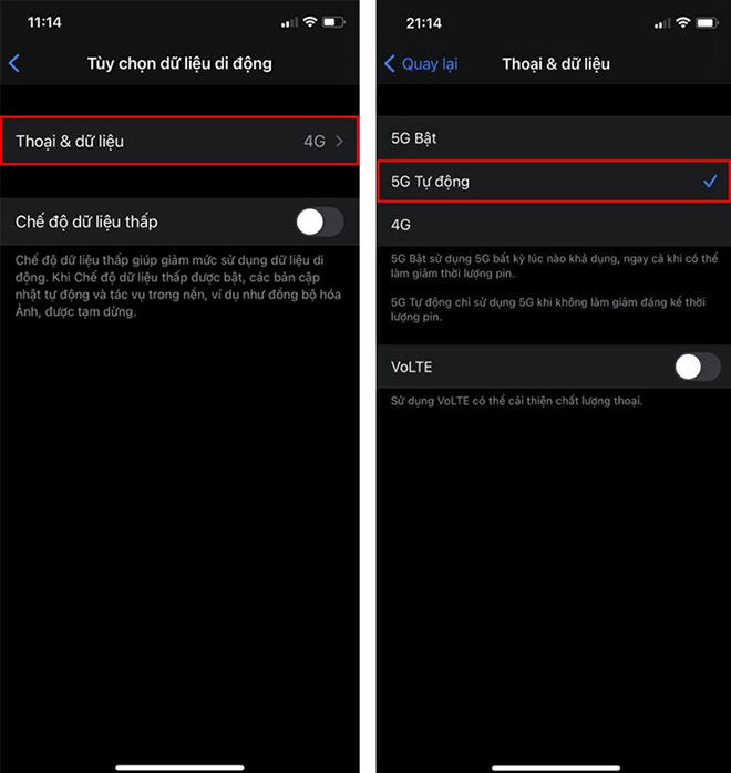 Đối với điện thoại iPhone có xuất hiện LTE/5G Auto/5G On