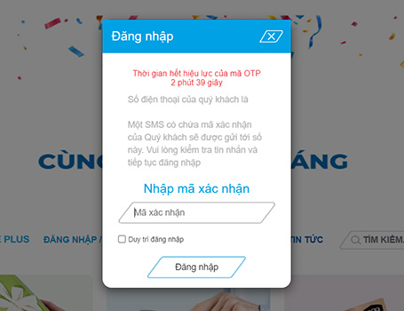 Điền mã xác nhận được gửi về tin nhắn SMS