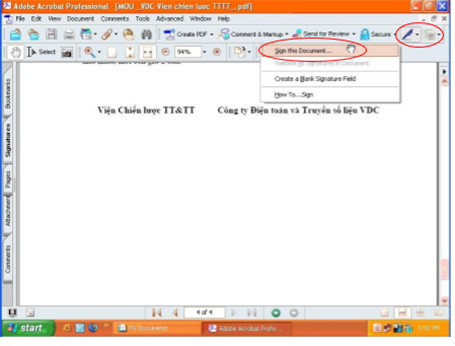 Chọn biểu tượng ký số và nhấn “Sign this document”