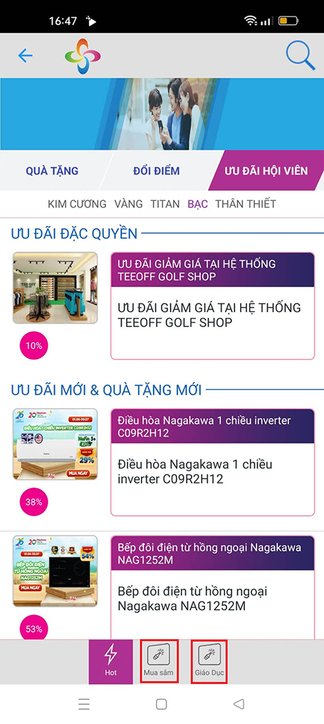 Chọn loại ưu đãi là Mua sắm hoặc Giáo dục