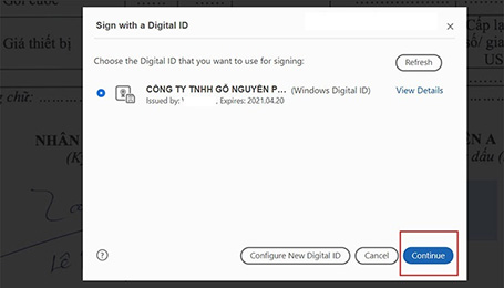 Chọn thông tin cá nhân/đơn vị ký số