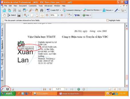 Chữ ký số xuất hiện vị trí đã chọn