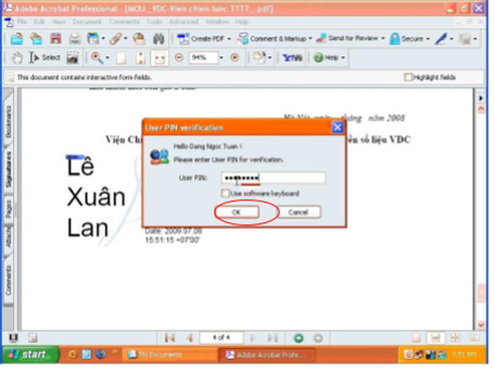 Nhập mã PIN trên cửa sổ User PIN Verification