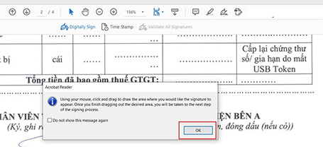 Nhấn “OK” để tiếp tục quá trình ký số