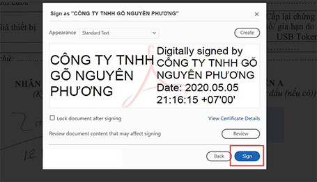 Chọn “Sign” để xác nhận quá trình ký số