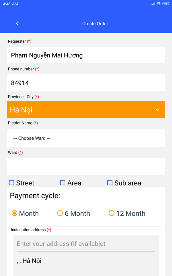 giao diện đăng ký lắp mạng trên điện thoại