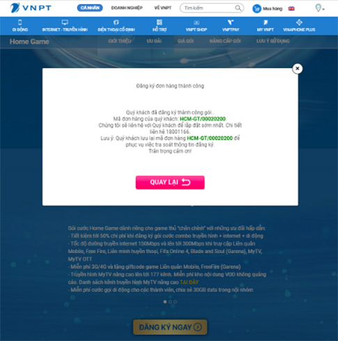 Đăng ký gói cước chơi game của VinaPhone tại website