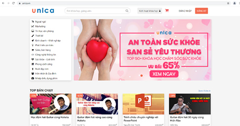 Giao diện website của phần mềm học trực tuyến Unica