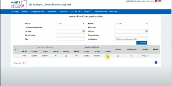 Màn hình sau khi đã điều chỉnh thông tin hóa đơn thành công 