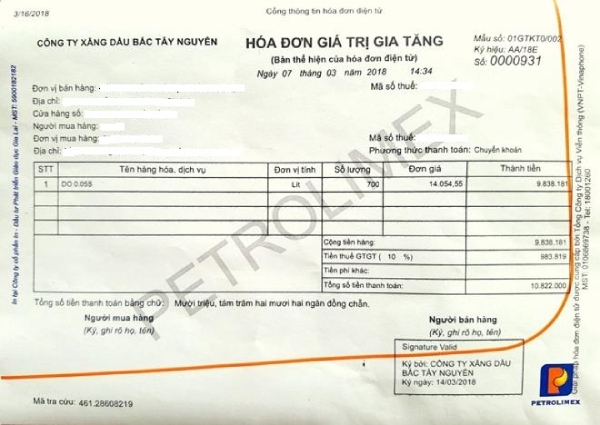 Mẫu hóa đơn điện tử trong lĩnh vực xăng dầu 
