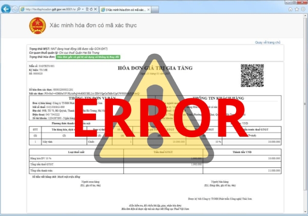 Màn hình thông báo lỗi hóa đơn điện tử không có link tra cứu