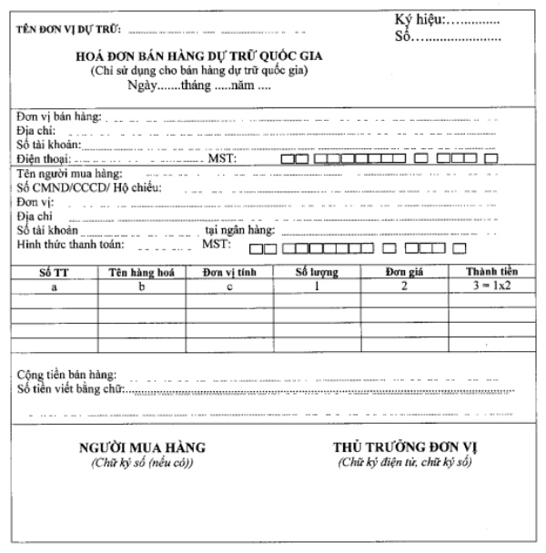 Mẫu hóa đơn bán hàng dự trữ quốc gia