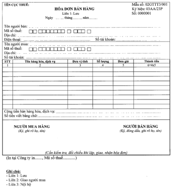 Mẫu hóa đơn bán hàng được phát hành bởi Cục Thuế