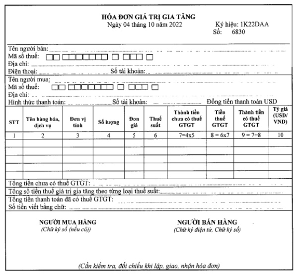 Mẫu hóa đơn điện tử dành cho doanh nghiệp thu bằng ngoại tệ