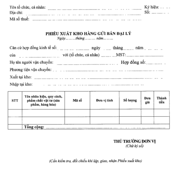Mẫu phiếu xuất kho hàng gửi bán đại lý