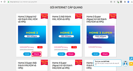 Đăng ký ở gói cước lựa chọn