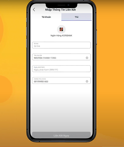 Nhập thông tin thẻ Agribank rồi nhấn Liên kết ngay