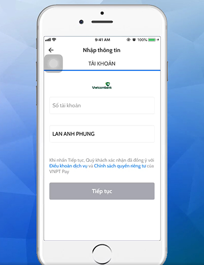 Nhập thông tin tài khoản rồi ấn Tiếp tục