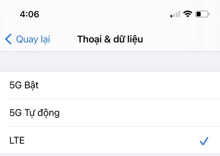 chọn LTE trên điện thoại