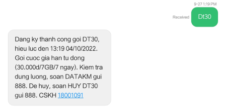 Đăng ký gói DT30 VinaPhone bằng tin nhắn