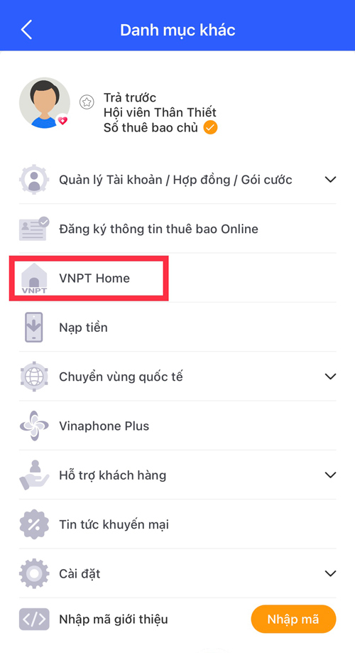 giao diện my vnpt trên điện thoại
