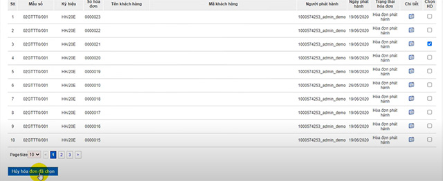 Chọn hoá đơn và click vào ô “Huỷ hoá đơn đã chọn”