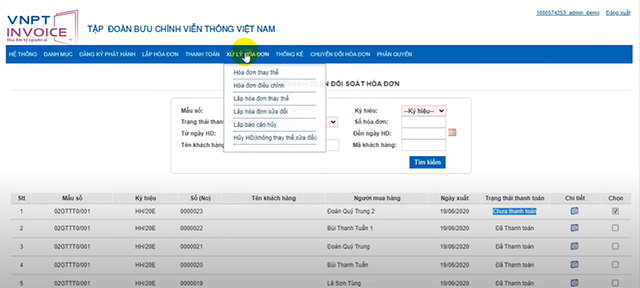 Chọn Huỷ hoá đơn không thay thế, sửa đổi 