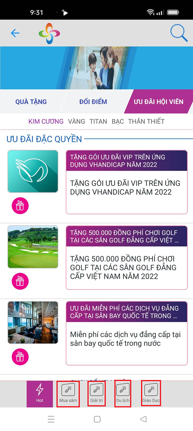 Chọn loại ưu đãi là Mua sắm, Giải trí, Du lịch hoặc Giáo dục