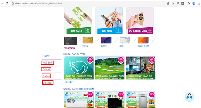 Chọn Mua sắm hoặc Giải trí, Du lịch, Giáo dục
