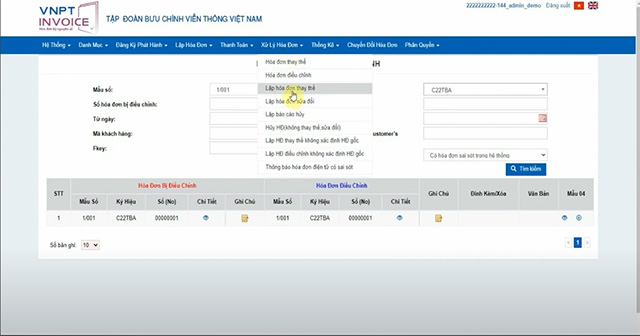 Chọn mục Lập hoá đơn thay thế