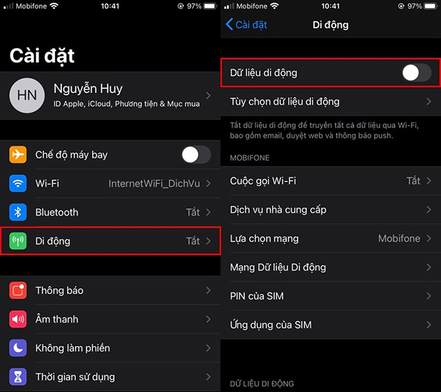 Chưa bật dữ liệu di động trên điện thoại