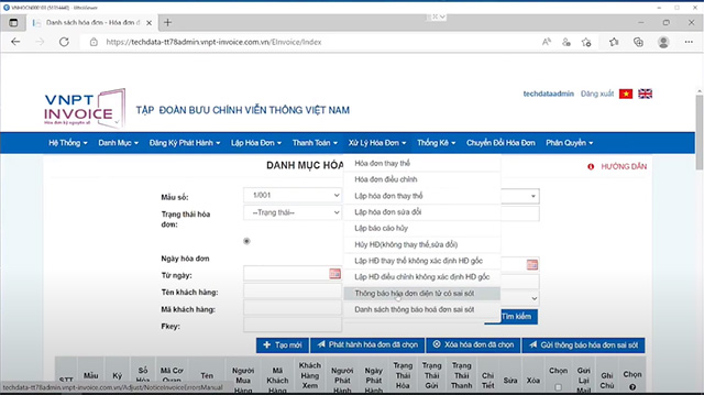 Giao diện trang VNPT Invoice