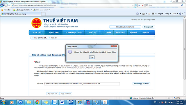 Hệ thống thông báo lỗi không tìm thấy chữ ký số