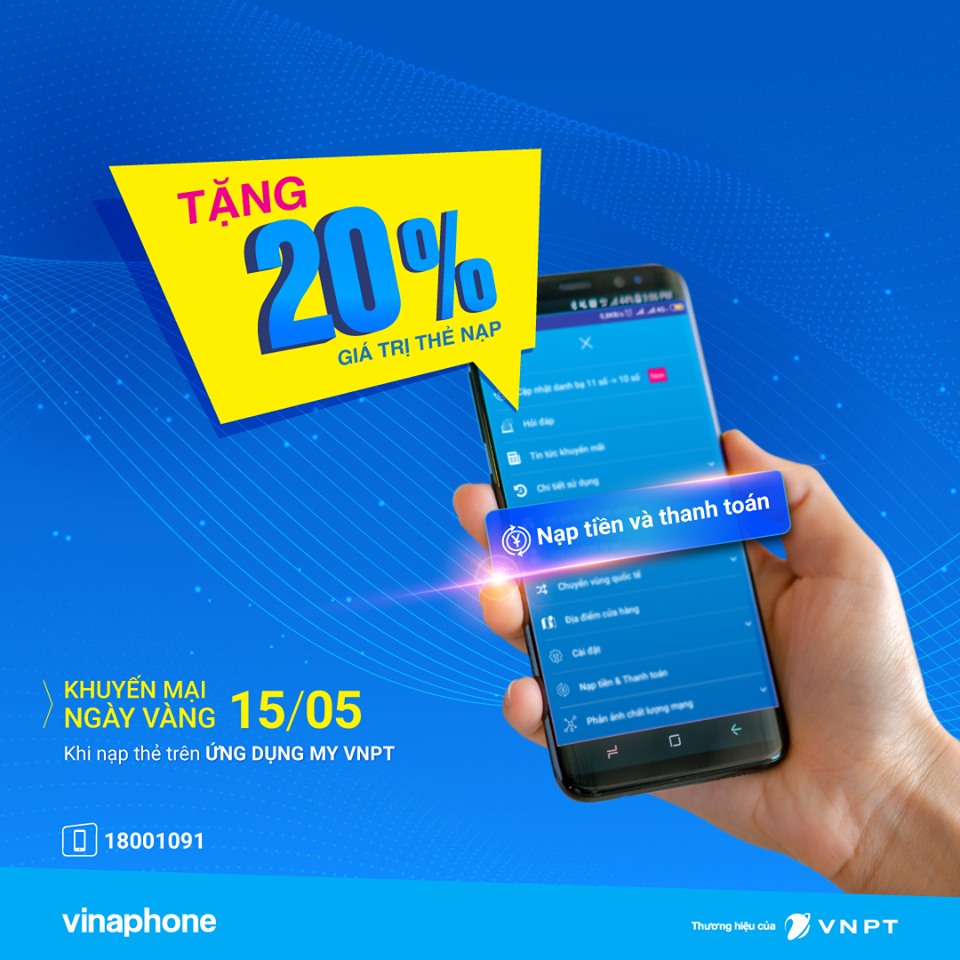 🌻🌻🌻VinaPhone tặng 20% giá trị nạp cho TB trả trước nạp thẻ qua app My VNPT