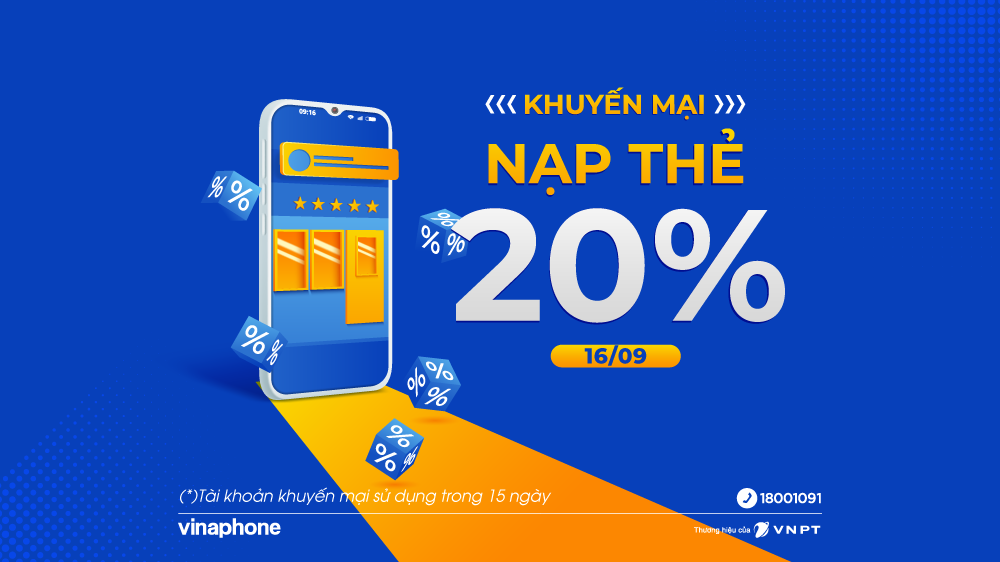 VinaPhone tặng 20% giá trị nạp cho TB trả trước trong Ngày Vàng 16/09/2022