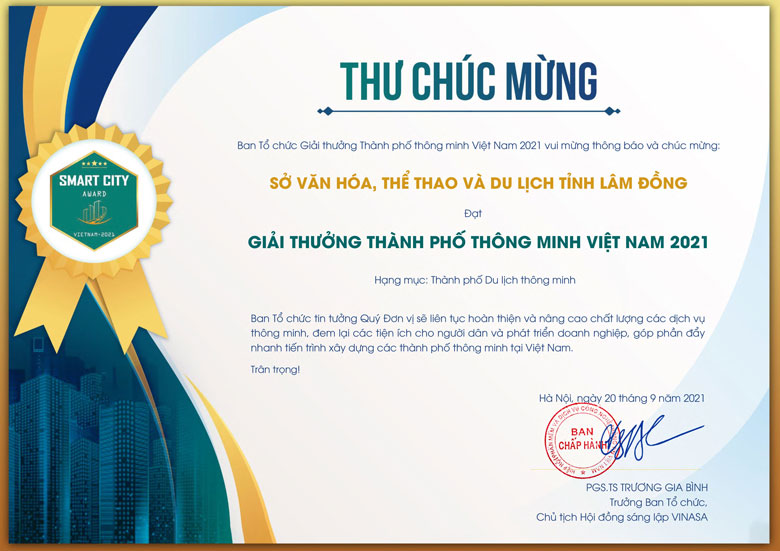 Lâm Đồng đạt giải thưởng thành phố thông minh Việt Nam 2021