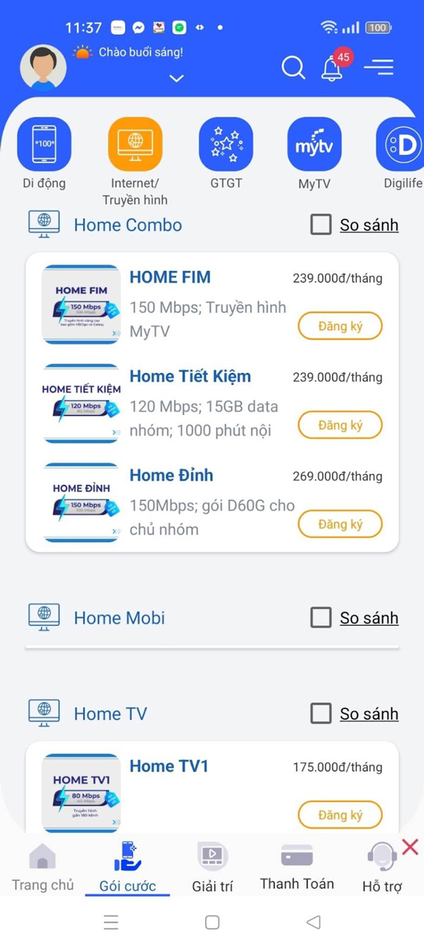 Vào “Gói cước” -> “Internet/ Truyền hình” -> “Đăng ký”