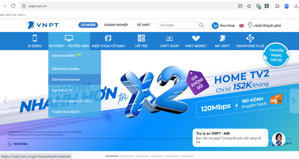 Vào mục “Gói Home Đỉnh”/ “Gói Home Combo”/ “Home Internet”/ “Gói Home TV”/ “Gói Home TV”