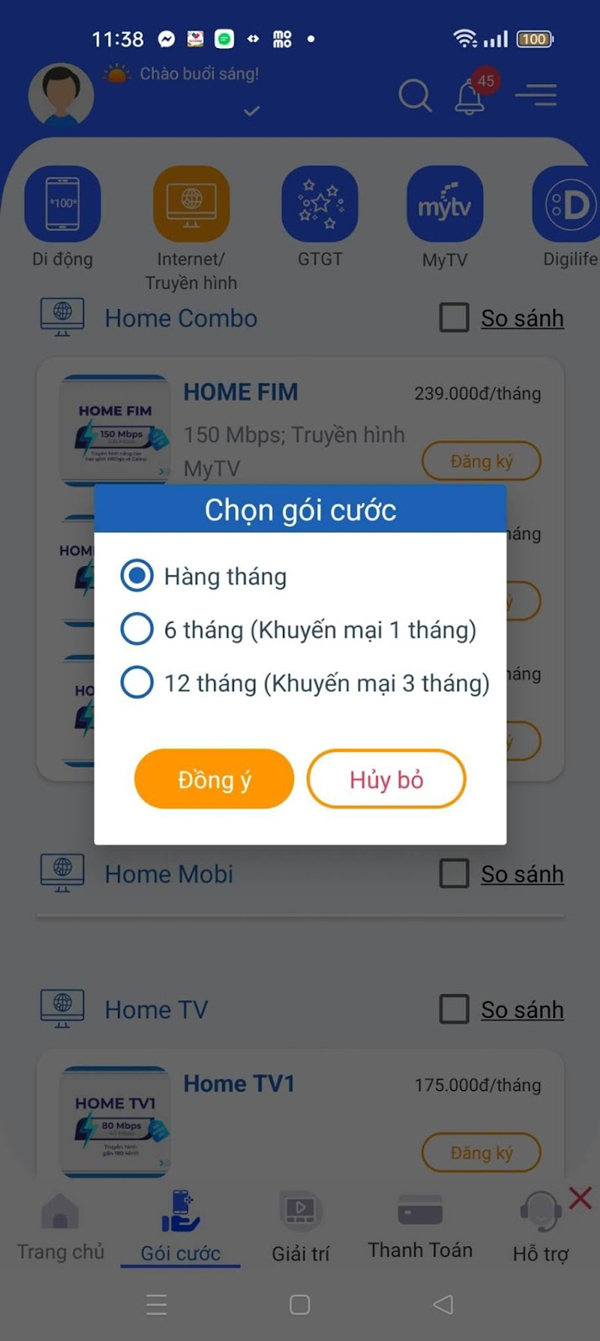 Chọn “Hàng tháng”/ “6 tháng”/ “12 tháng” rồi ấn “Đồng ý”