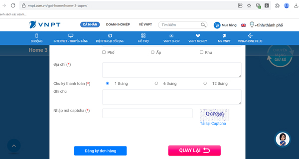 Điền các thông tin được yêu cầu rồi ấn “Đăng ký đơn hàng”