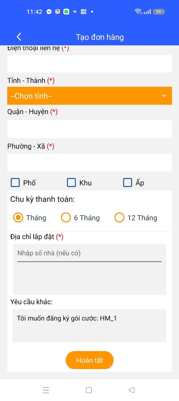 Điền thông tin còn thiếu rồi ấn “Hoàn tất”